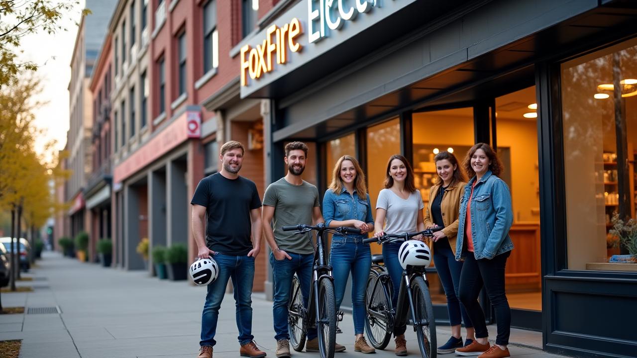 The welcoming Foxfire Electric team standing proudly outside their Portland e-bike shop on NW 23rd Ave.