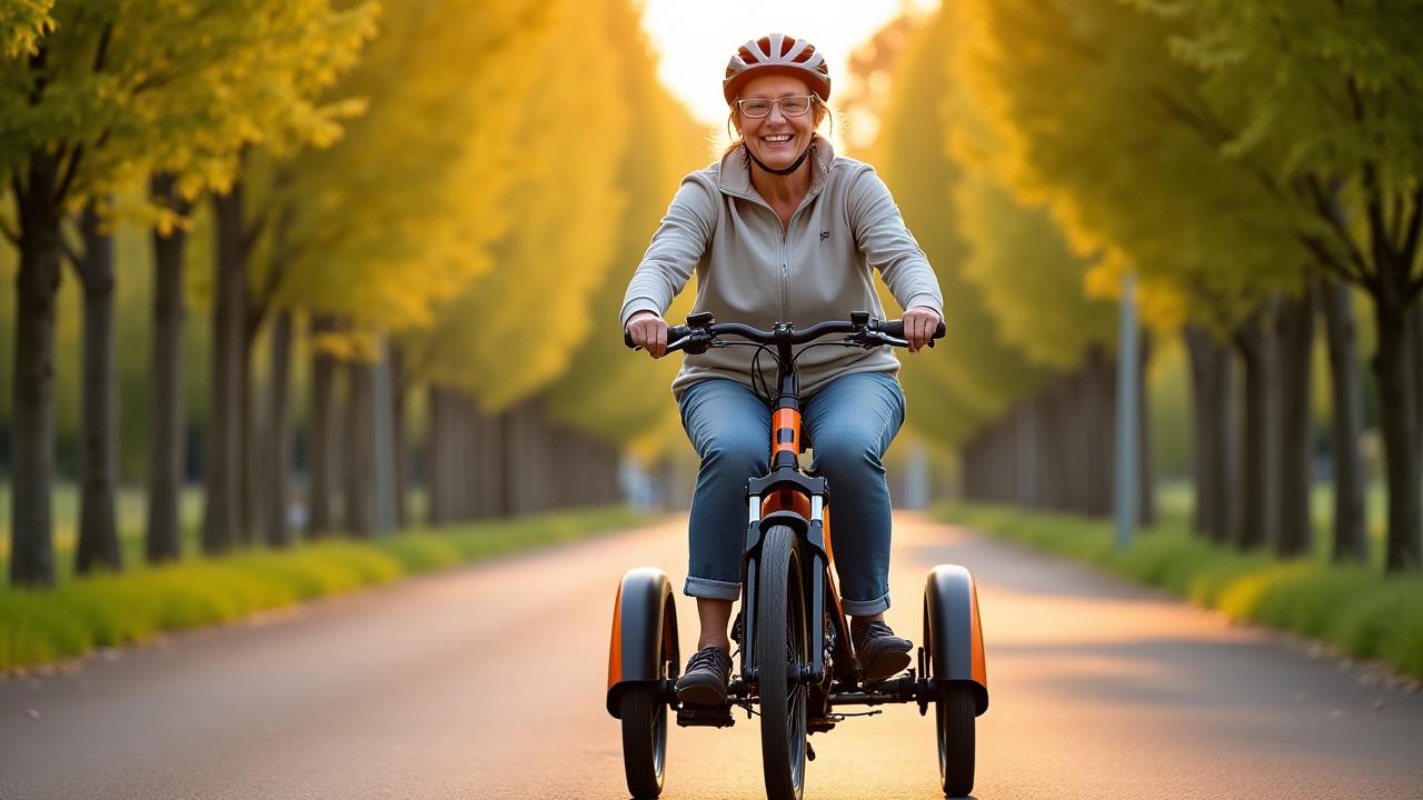 A happy, active senior woman confidently riding a three-wheel electric tricycle on a sunny bike path, enjoying the freedom of movement.