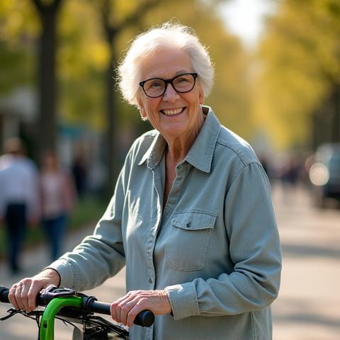 A smiling senior woman, Margaret from Portland, standing proudly next to her adaptive electric tricycle.