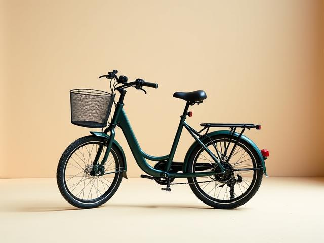 A classic style three-wheel electric bicycle with a large rear cargo basket, perfect for errands.