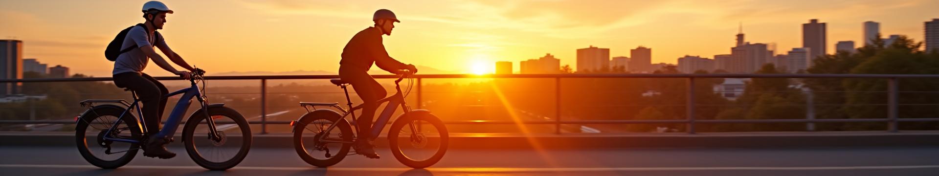 Person riding a Class 3 electric bike across a Portland bridge at sunset