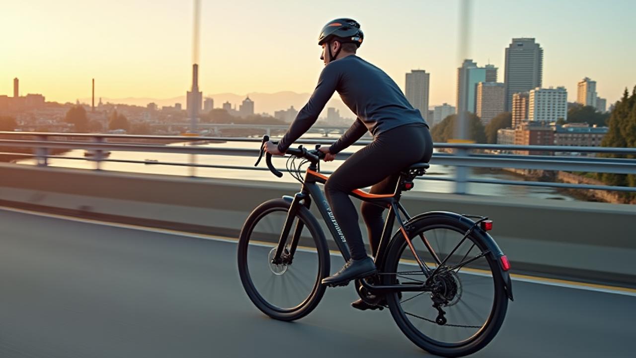 Sleek Class 3 electric commuter bike blurring past Portland city traffic near a bridge