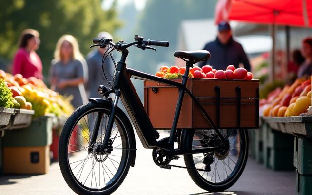 A modern cargo bike fitted with a heavy-duty electric motor for enhanced hauling capacity, parked at a local Portland farmers market.