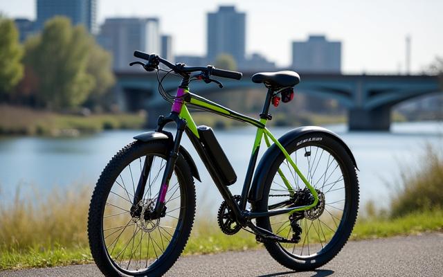 A 1990s mountain bike converted into a powerful electric commuter with a Bafang BBSHD mid-drive motor, shown on a bike path next to the Willamette River.