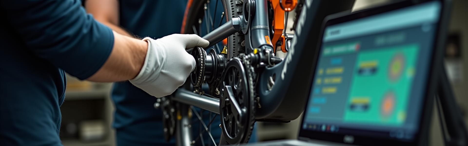Certified Foxfire Electric technician performing diagnostics on an e-bike motor on a work stand.
