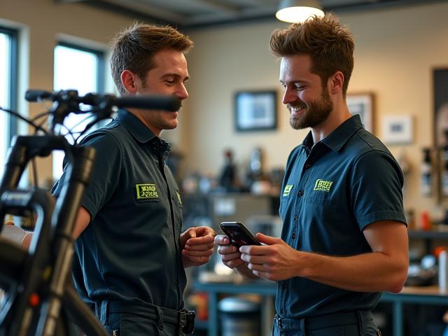 Foxfire Electric technician explaining e-bike service to a smiling customer in a clean workshop.