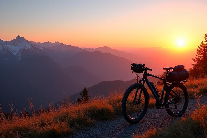 Fully loaded electric gravel bike with bikepacking bags on a scenic mountain trail