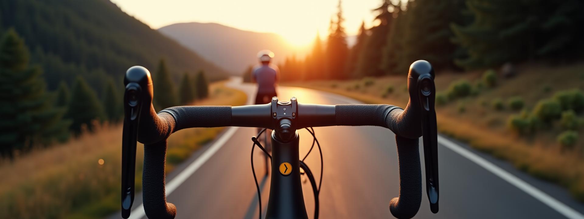 Close-up of a sleek carbon fiber electric road bike cockpit and frame, with a blurred rider in motion in the background.
