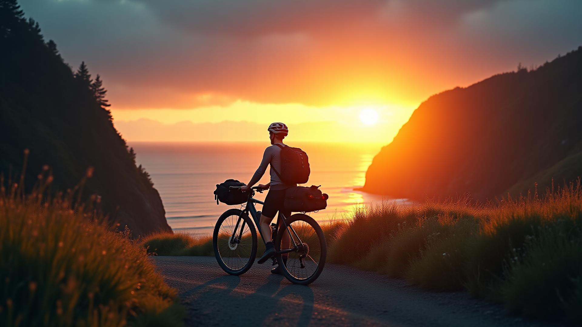 Cyclist on a long-range e-bike overlooking the stunning Oregon coast at sunset